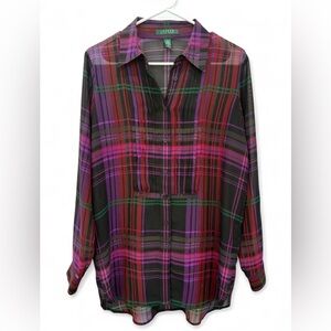Lauren Ralph Lauren Plaid Button Down Pintuck Tunic Medium Lightweight SemiSheer